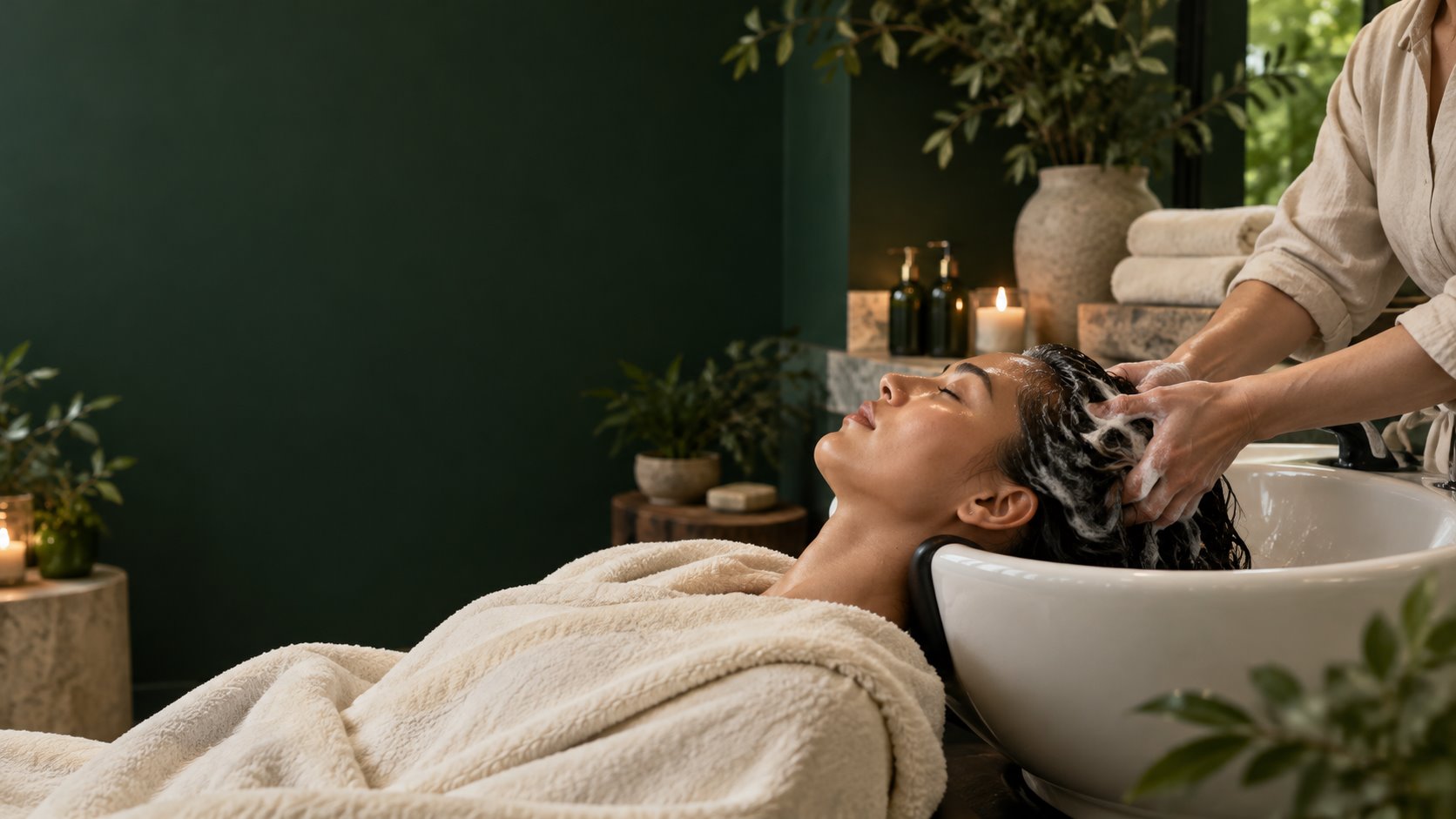 A quiet head spa treatment in a warm green setting